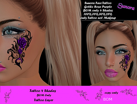 Second Life Marketplace - Sunora Face Tattoo Gothic Rose Purple BOM